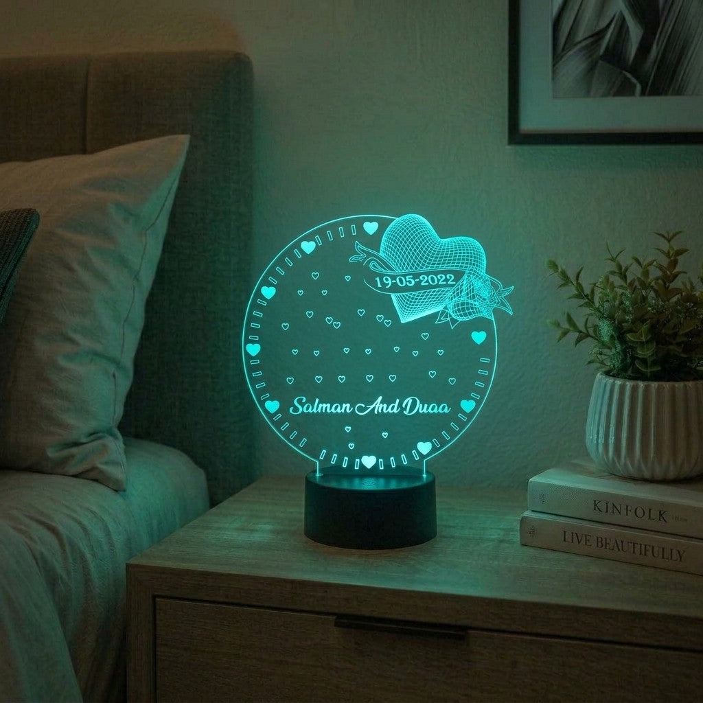 Customize Round Shape 3D Illusion Lamp With Heart