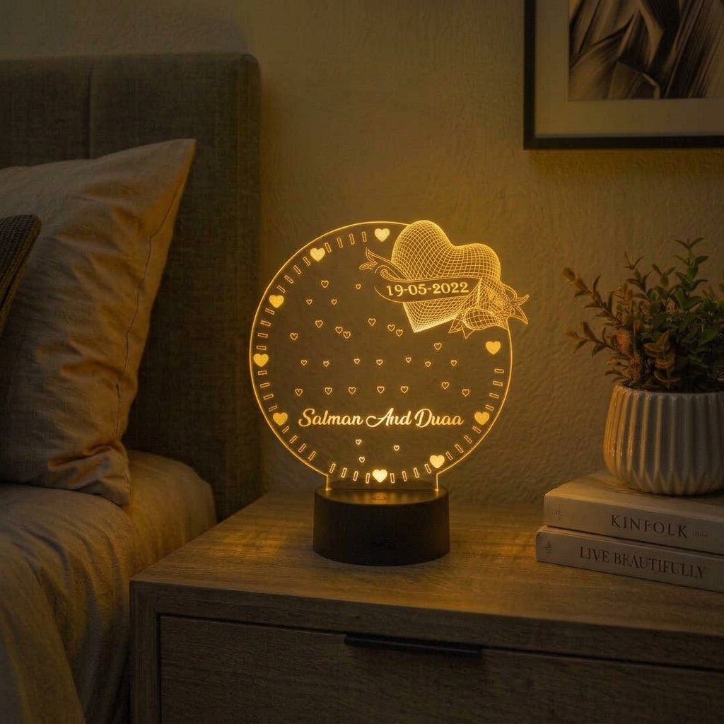 Customize Round Shape 3D Illusion Lamp With Heart
