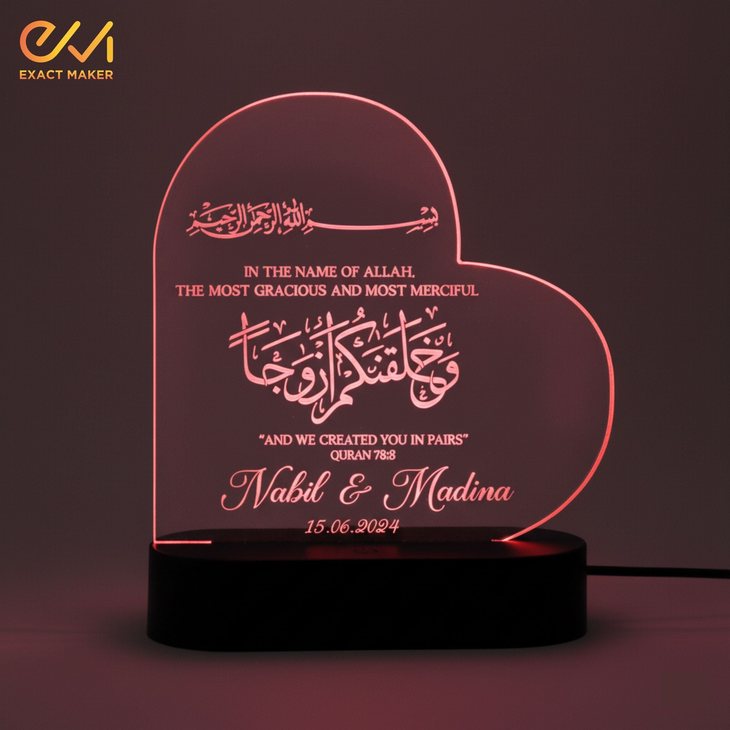 Customize 3D Wedding Heart Acrylic Lamp Nikkah Gift