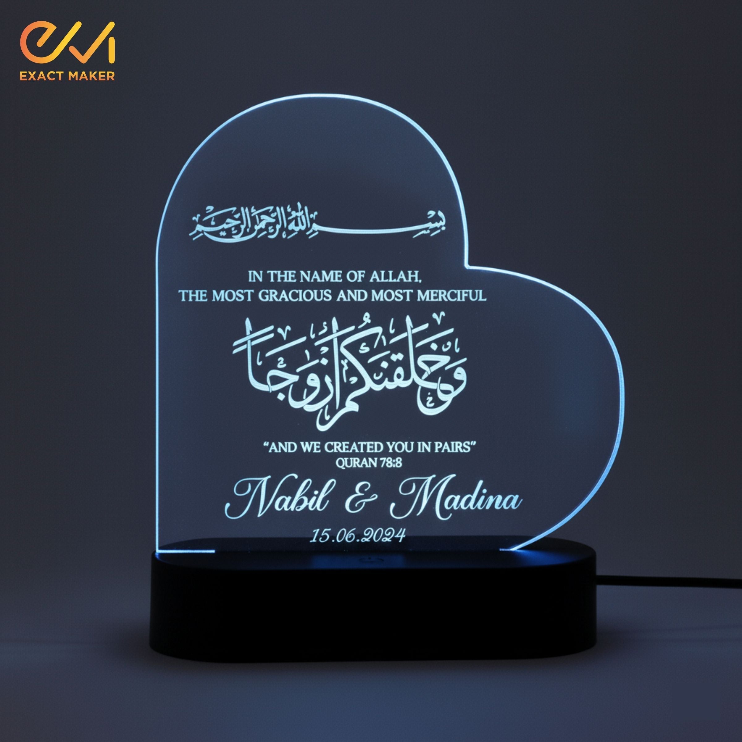 Customize 3D Wedding Heart Acrylic Lamp Nikkah Gift