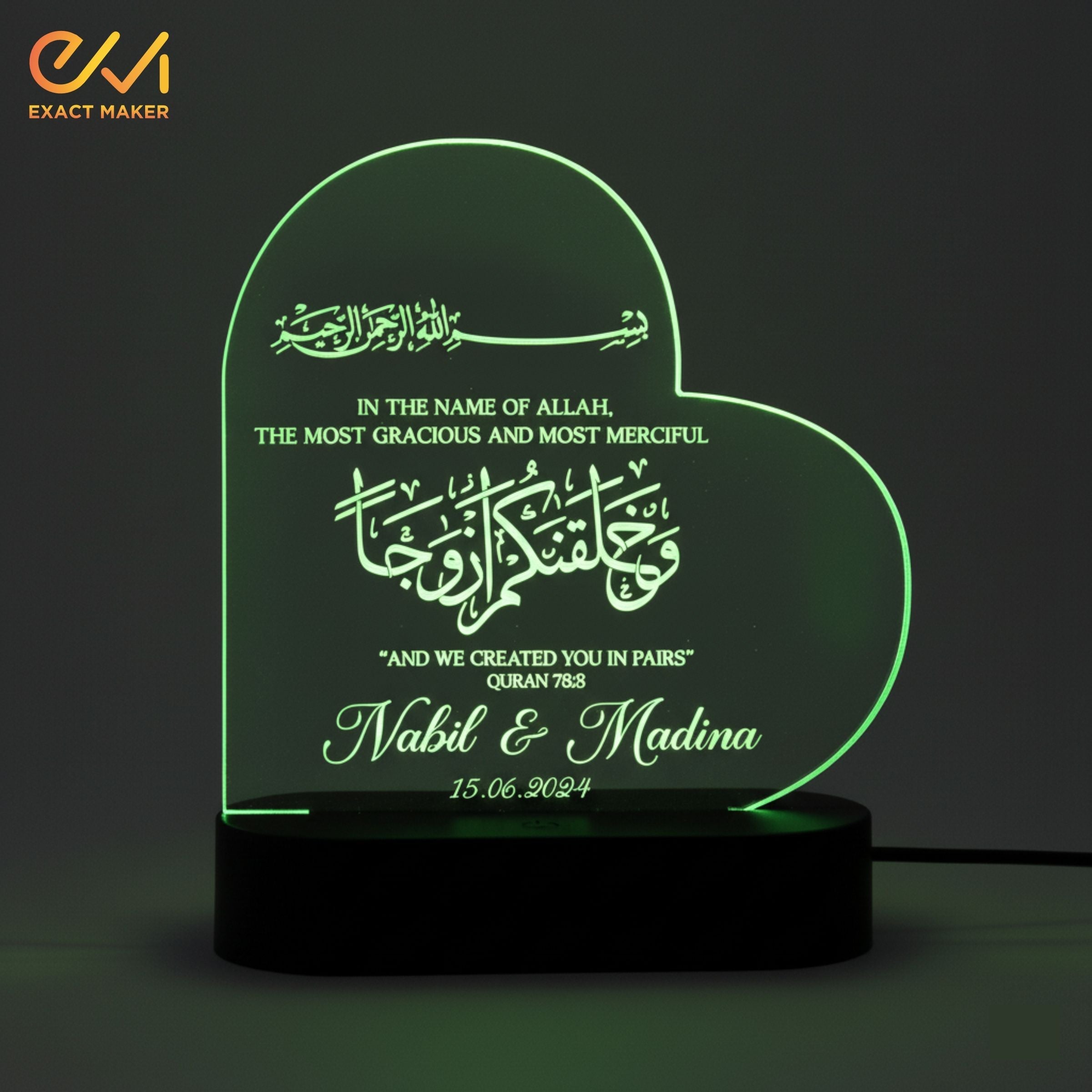 Customize 3D Wedding Heart Acrylic Lamp Nikkah Gift