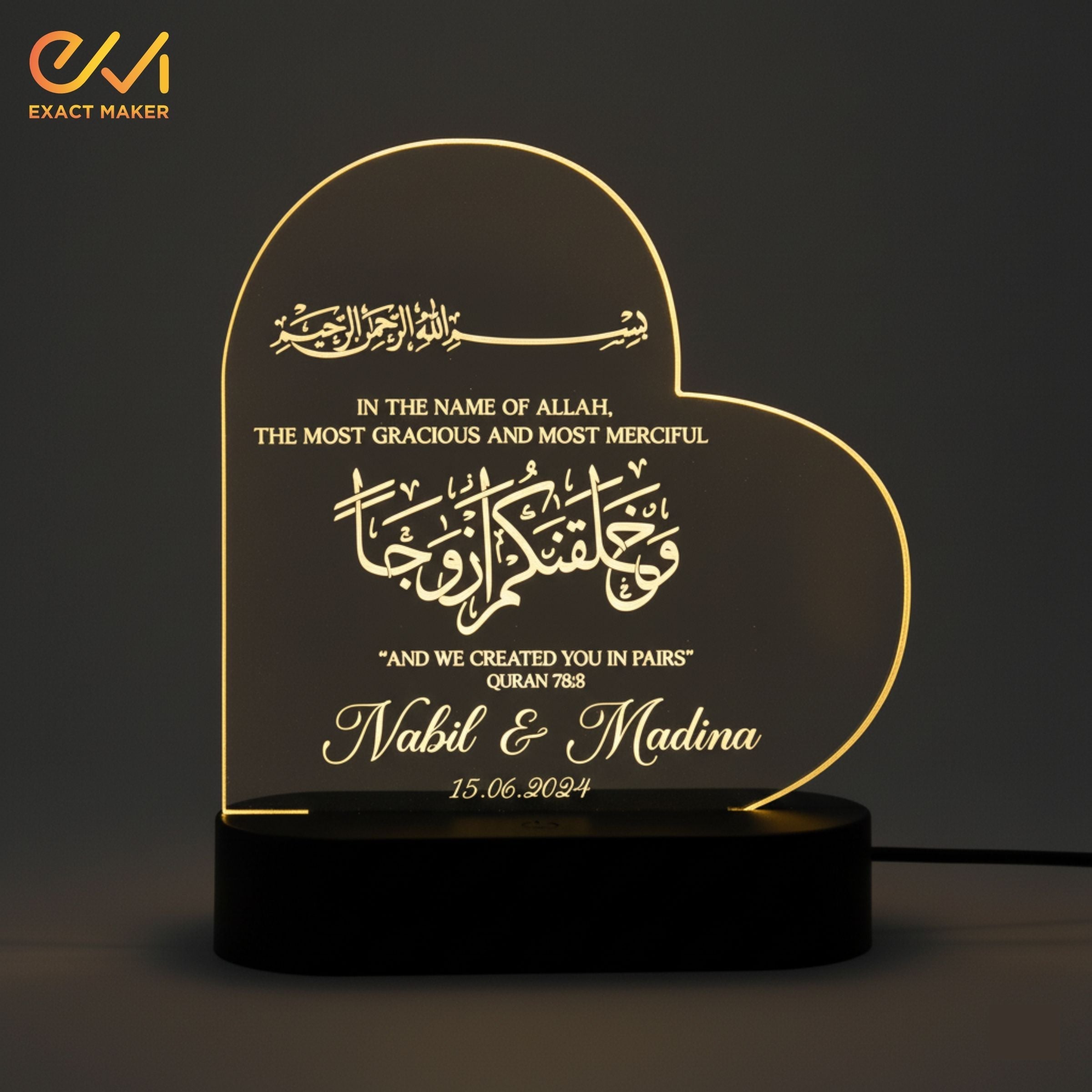 Customize 3D Wedding Heart Acrylic Lamp Nikkah Gift
