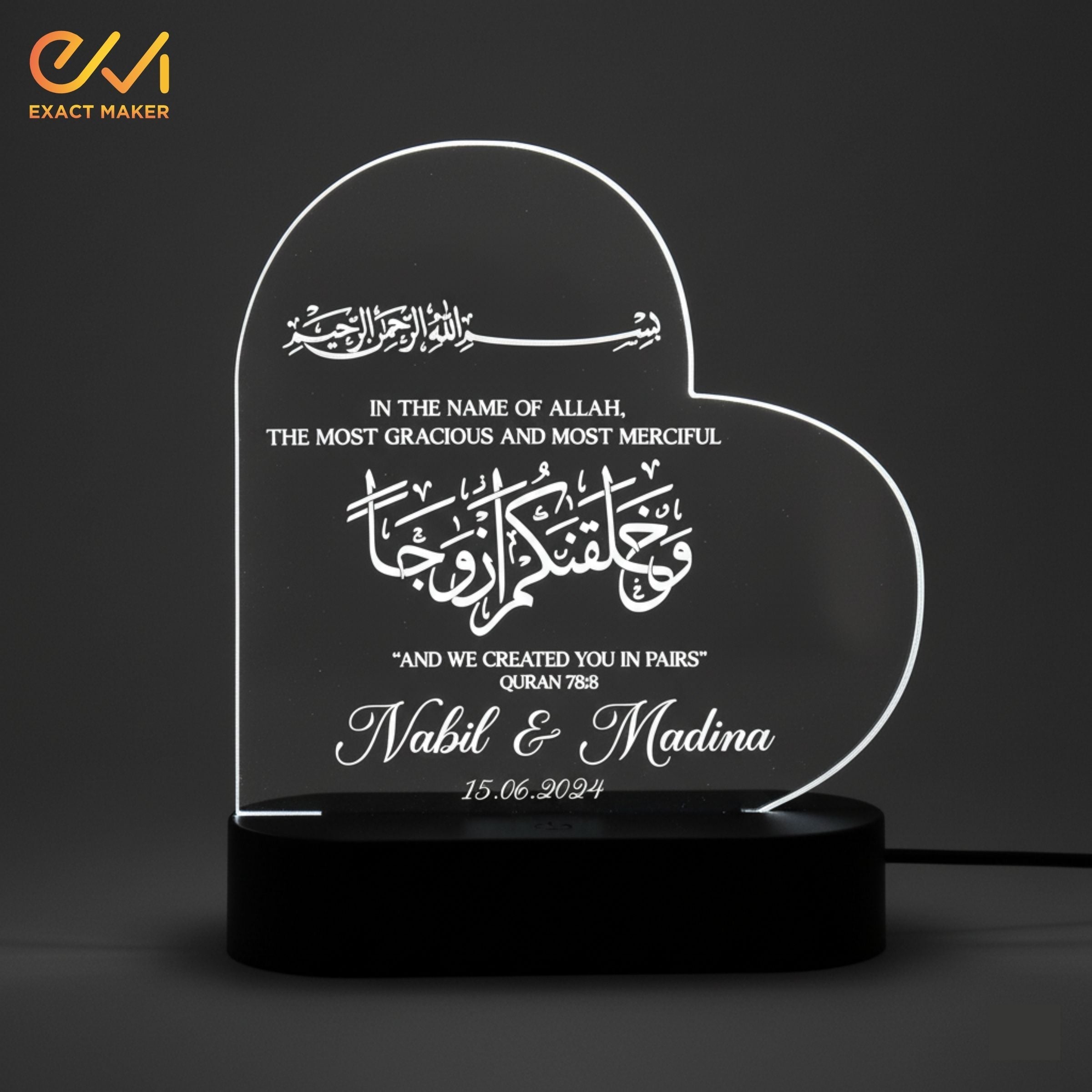 Customize 3D Wedding Heart Acrylic Lamp Nikkah Gift