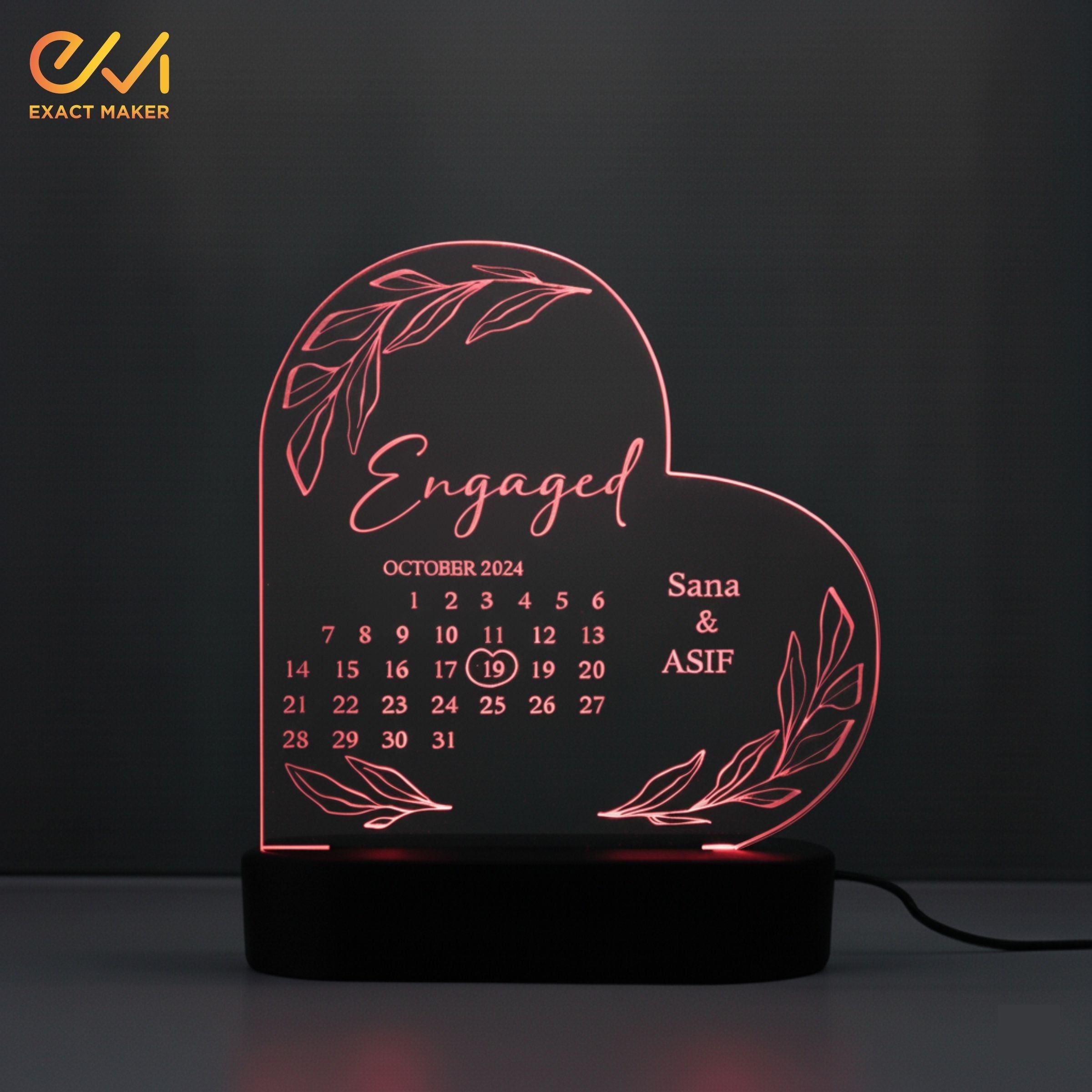 Engagement Calendar Acrylic Heart Lamp 3D Light Lamp