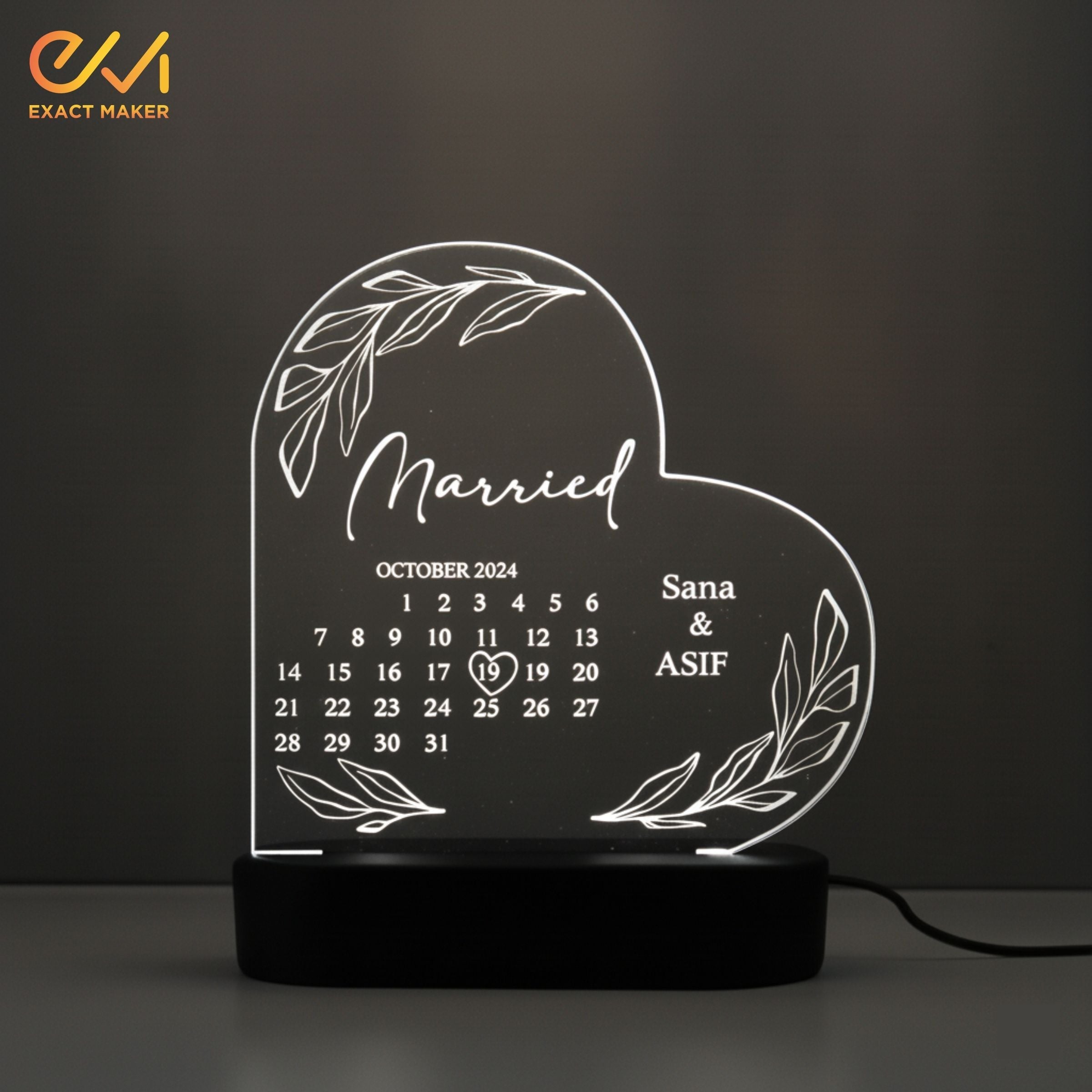 Personalized Married Calendar Acrylic 3D Lamp, Wedding Gift for Couple