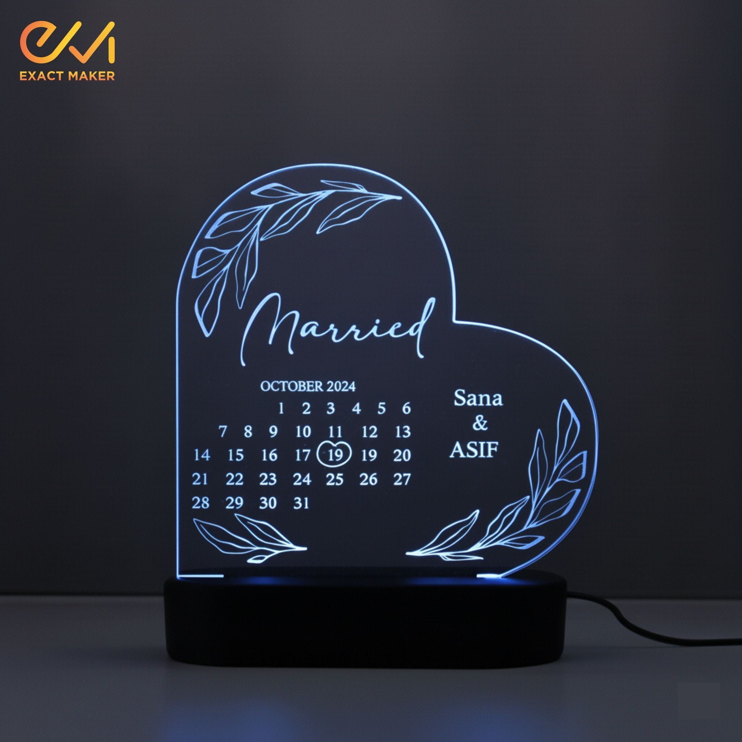 Personalized Married Calendar Acrylic 3D Lamp, Wedding Gift for Couple