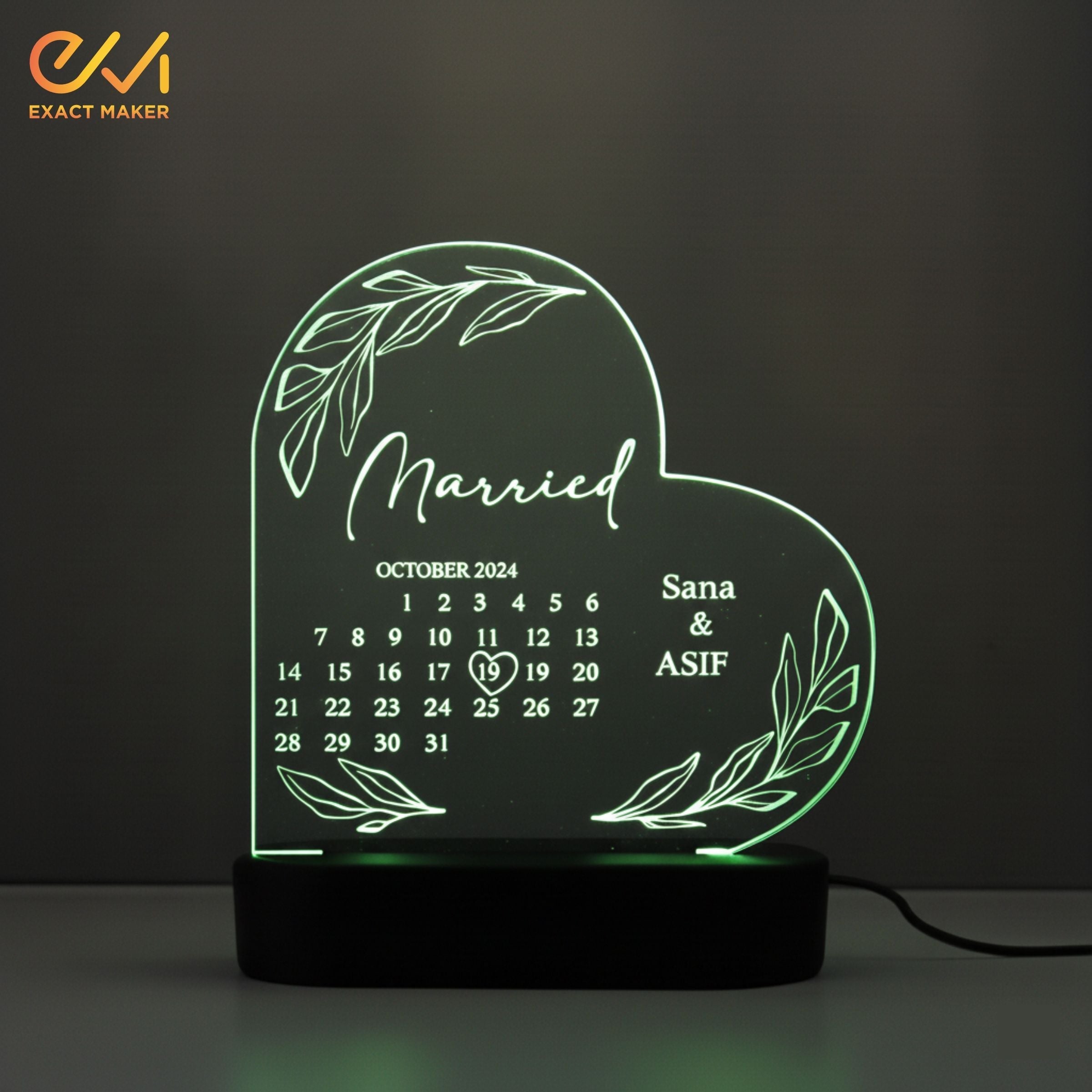 Personalized Married Calendar Acrylic 3D Lamp, Wedding Gift for Couple