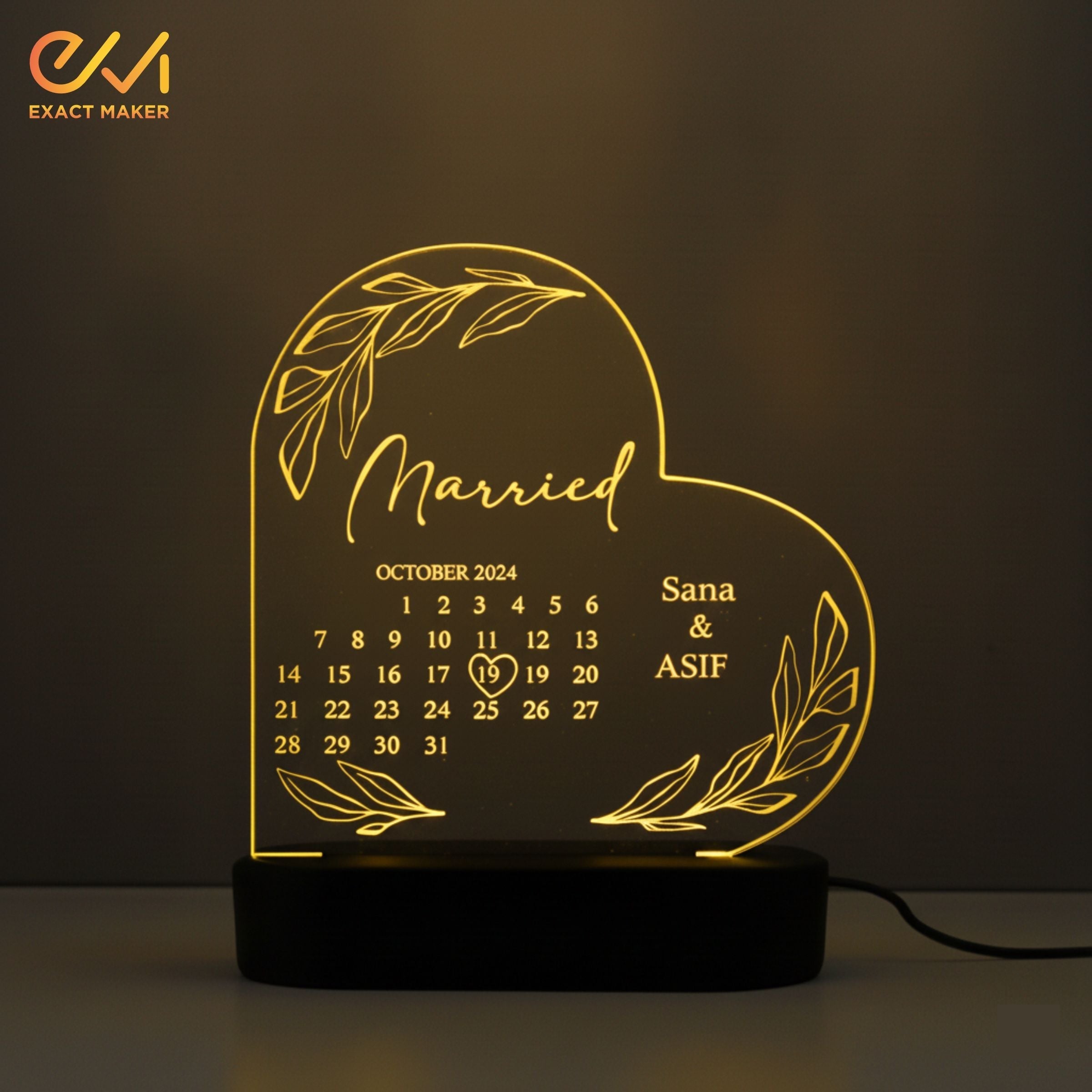 Personalized Married Calendar Acrylic 3D Lamp, Wedding Gift for Couple